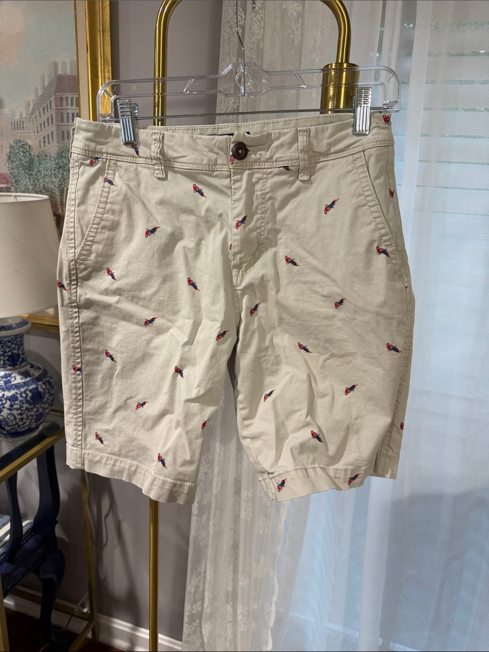 Aeropostale Beige Flat-Front Shorts with Red Embroidered Parrots